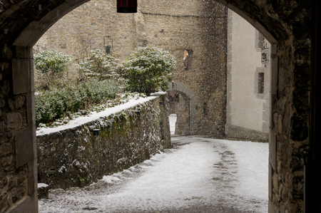 Chillon Castle in Montreux in the spring snowfall.のeditorial素材