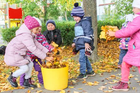 Photo of children in the autumn kindergarten on the street.のeditorial素材