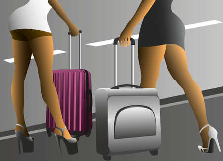 Girls with suitcases on the road.のイラスト素材