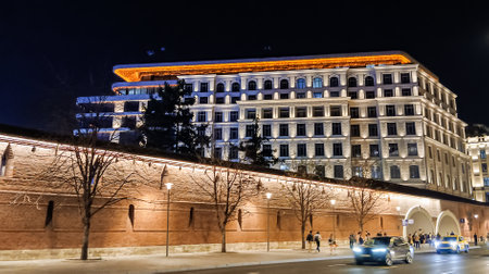 New and historical buildings of Moscow in the evening with illumination.の写真素材
