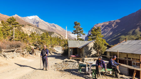 Trekking along the scenic route in Nepal around Annapurna.の写真素材