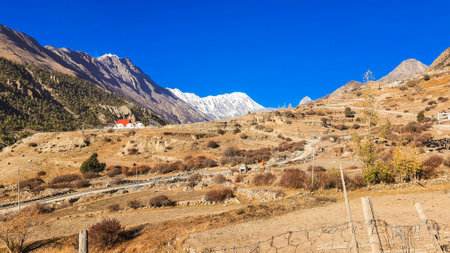 Trekking along the scenic route in Nepal around Annapurna.の写真素材