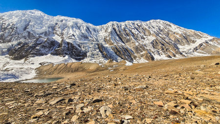 Trekking along the scenic route in Nepal around Annapurna.の写真素材