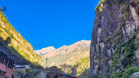 Trekking along the scenic route in Nepal around Annapurna.の写真素材