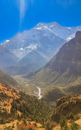 Trekking along the scenic route in Nepal around Annapurna.の写真素材