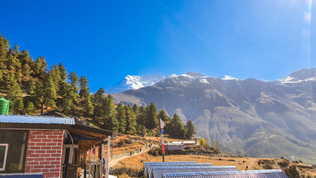 Trekking along the scenic route in Nepal around Annapurna.の写真素材
