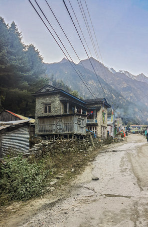 Trekking along the scenic route in Nepal around Annapurna.の写真素材