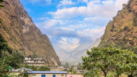 Trekking along the scenic route in Nepal around Annapurna.の写真素材