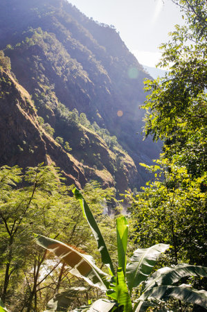 Trekking along the scenic route in Nepal around Annapurna.の写真素材