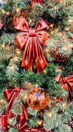 A variety of festive decorations on the New Year tree.