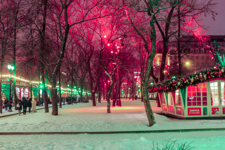 Moscow decorated with New Year's garlands and installations.の写真素材