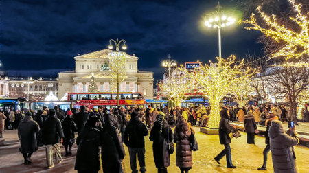 Moscow decorated with New Year's garlands and installations.