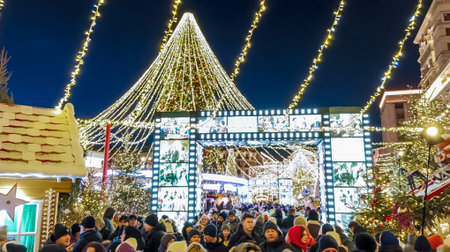 Moscow decorated with New Year's garlands and installations.の写真素材