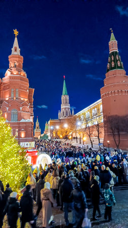 Moscow decorated with New Year's garlands and installations.の写真素材