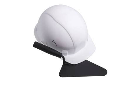 Construction protective helmet and trowel isolated completely white background.の写真素材