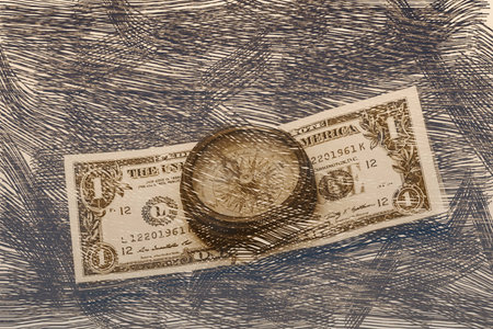 Ancient compass and banknotes in an abstract form.の写真素材