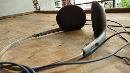 head phone on wood backgroundの写真素材