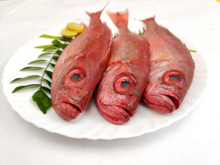Fresh Finned Bulls eye Fish (Priacanthus Hamrur)/ Moontail Bullseye Fish,Decorated with Lemon slice...