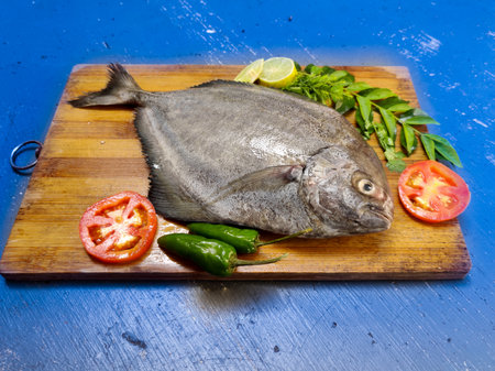 Closeup view of Fresh Black Pomfret Fish decorated with herbs and vegetables,Selective focus.の写真素材