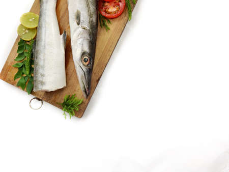 Fresh raw Barracuda Fish (cheelavu) head and body decorated with herbs and vegetables on a White...