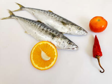 Fresh Seer Fish,King Fish decorated with herbs and vegetables .isolated on white background,selective focus.の写真素材