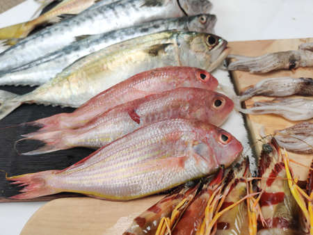 Selective focus of various fishes decorated on a wooden pad.fish online marketing concept.