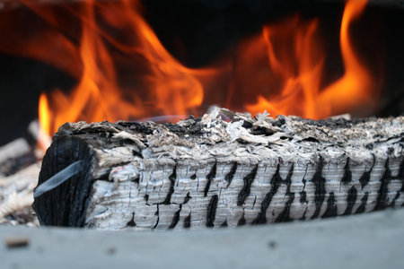charred log burning with flames visibleの写真素材