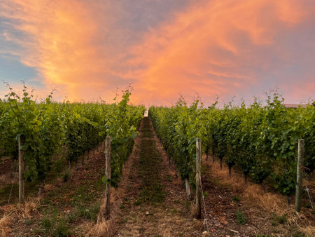 rows of grapevines in the evening with a bright colored sunset skyの写真素材