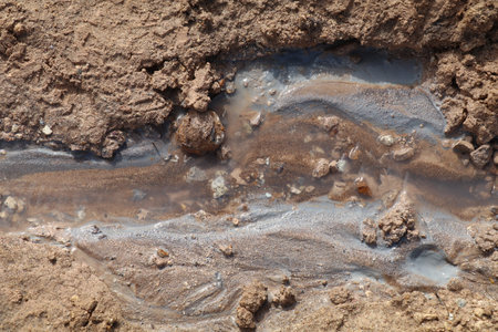 Close-up of wet volcanic soil with muddy water and mineral deposits at a geothermal area in Iceland, showing texture and natural earth patterns.の写真素材