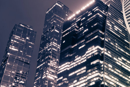 photo of Moscow downtown business center skyscrapers in nightの写真素材