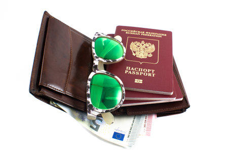 photography set traveler: wallet, passport, sun glasses and moneyの写真素材