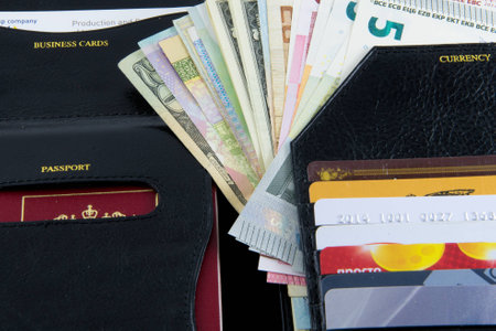 Essential kit for the traveller: purse, credit cards, passports and money from different countries