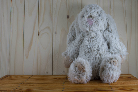 cute toy bunny sitting on wooden board and wooden backgroundの写真素材