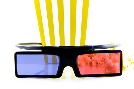 pop corn and 3d glasses  isolated on white backgroundの写真素材