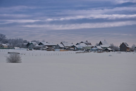 Photo of the Winter village on the background of snowy fields and blue skyの写真素材