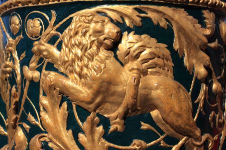 Gold lion from a bowl of a fencing of Peterhof. Petrodvorets. St.-Petersburg. の写真素材