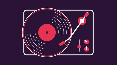 Vintage vinyl record player made from shapes plays music on a dark background. Retro style. Top...