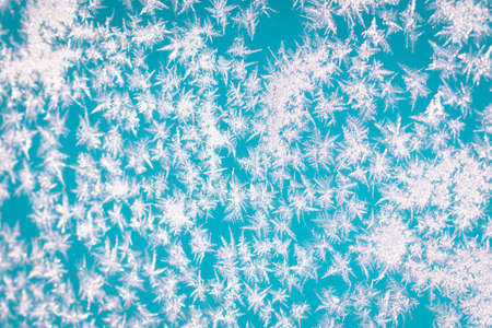 Cold winter morning ice flowers on glass, background with copy spaceの写真素材
