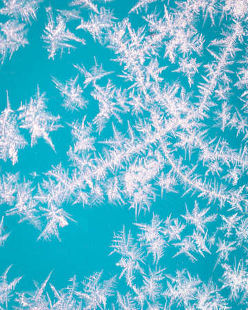 Cold winter morning ice flowers on glass, background with copy spaceの写真素材