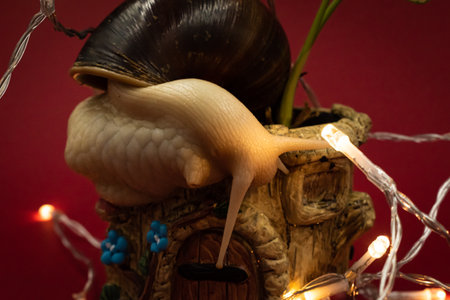 A snail and a candle in a candlestick on a red backgroundの写真素材