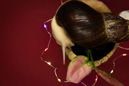 snail on a red background with a rose and a garlandの写真素材