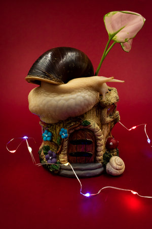 Garden snail on a wooden doll house on a red background.の写真素材