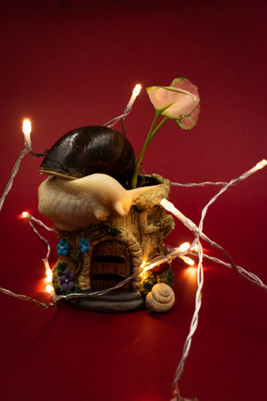 Garden snail on a red background with a garland of lightsの写真素材