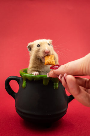Hand feeding a cute pet hamster in a pot against red background with copy spaceの写真素材