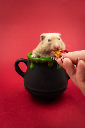 Hand feeding a cute pet hamster in a pot against red background with copy spaceの写真素材