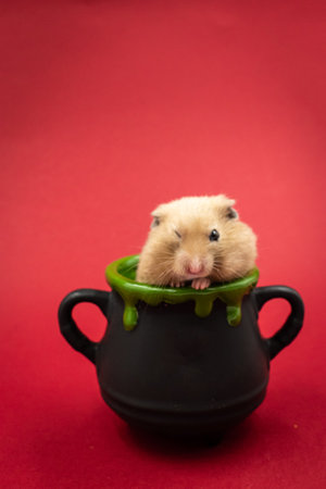 Cute pet hamster feeding in a pot against red background with copy spaceの写真素材