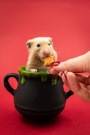 Hand feeding a cute pet hamster in a pot against red background with copy spaceの写真素材