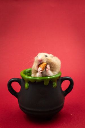 Cute pet hamster feeding in a pot against red background with copy spaceの写真素材