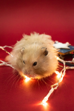 Cute and fluffy pet hamster surrounded by fairy lights against red background with copy spaceの写真素材