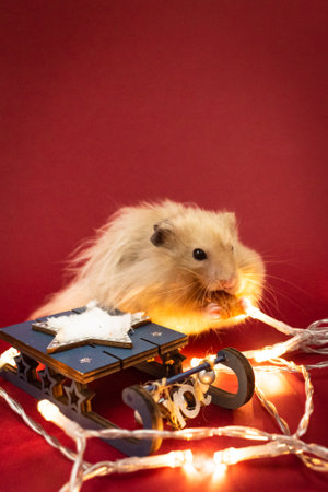 Cute and fluffy pet hamster surrounded by fairy lights against red background with copy spaceの写真素材